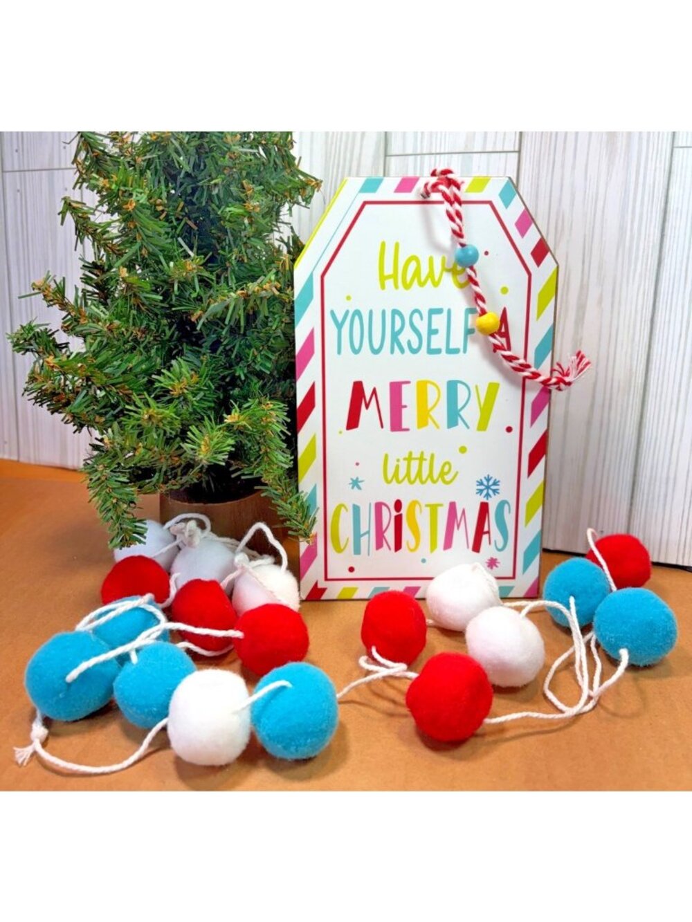 3 pcs Set - Have Yourself a Merry Little Christmas Sign 4' PomPom Garland S8